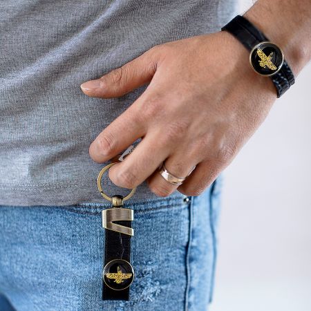 ست چرم کروکودیل روکش طلا طرح فروهر  (دستبند چرم ، جاکلیدی )