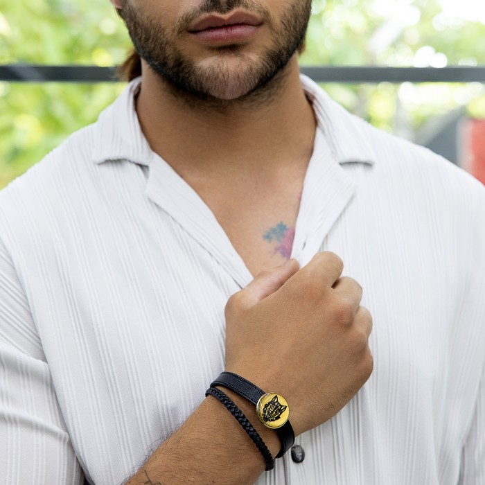 ست چرم هرمس روکش طلا طرح گرگ (Wolf) (دستبند چرم ، جاکلیدی و فندک)