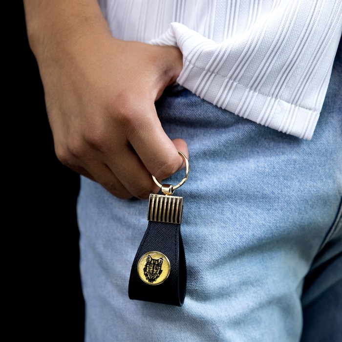 ست چرم هرمس روکش طلا طرح گرگ (Wolf) (دستبند چرم ، جاکلیدی و فندک)