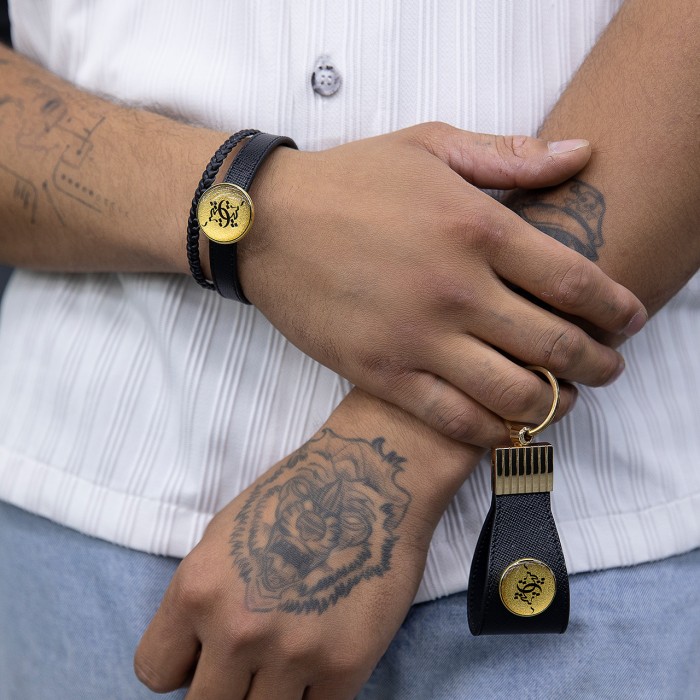 ست چرم هرمس روکش طلا طرح هیچ (دستبند چرم ، جاکلیدی و فندک) 