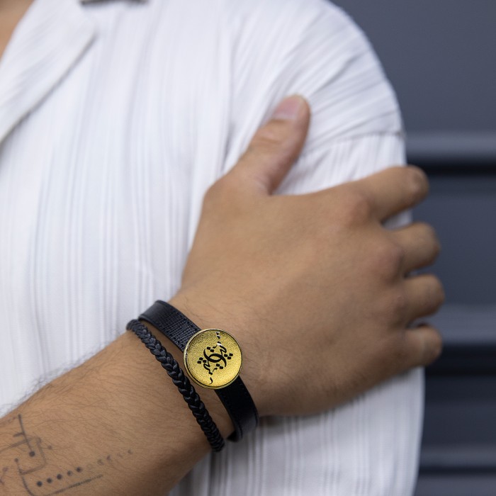 ست چرم هرمس روکش طلا طرح هیچ (دستبند چرم ، جاکلیدی و فندک) 