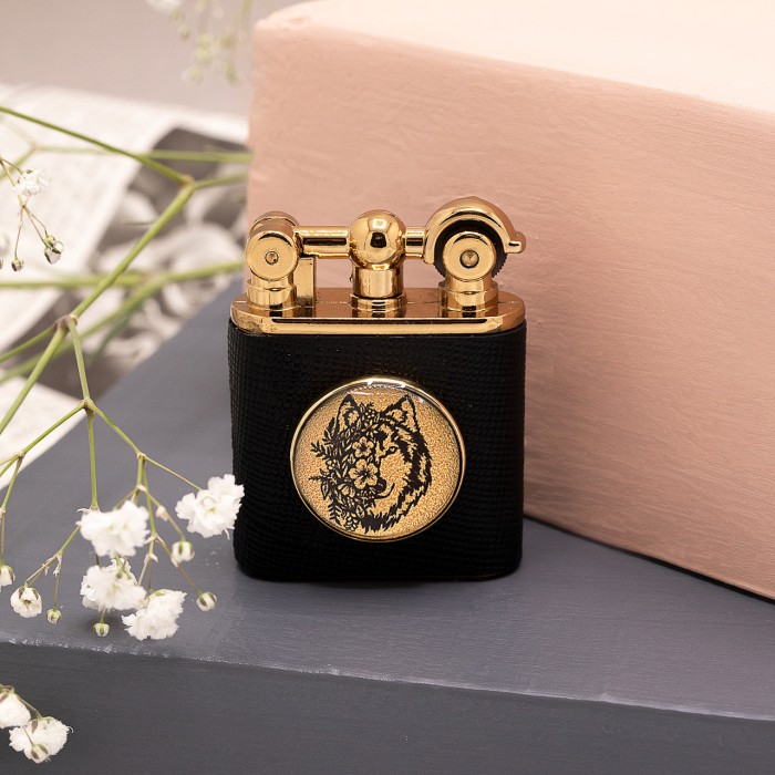 ست چرم هرمس روکش طلا طرح گرگ 2 (دستبند چرم ، جاکلیدی و فندک)