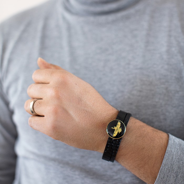 ست چرم کروکودیل روکش طلا طرح فروهر  (دستبند چرم ، جاکلیدی )