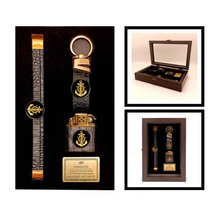 ست چرم روکش طلا طرح لنگر (دستبند چرم ، جاکلیدی و فندک)