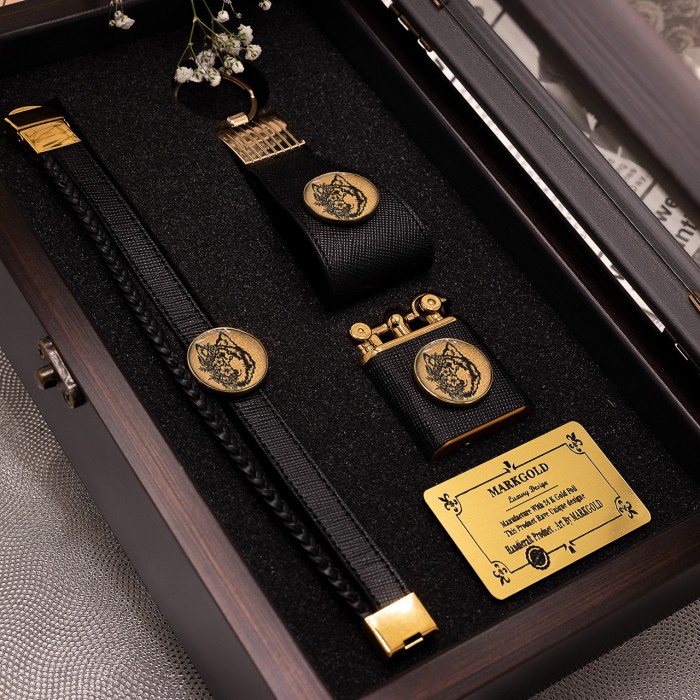 ست چرم هرمس روکش طلا طرح گرگ 2 (دستبند چرم ، جاکلیدی و فندک)