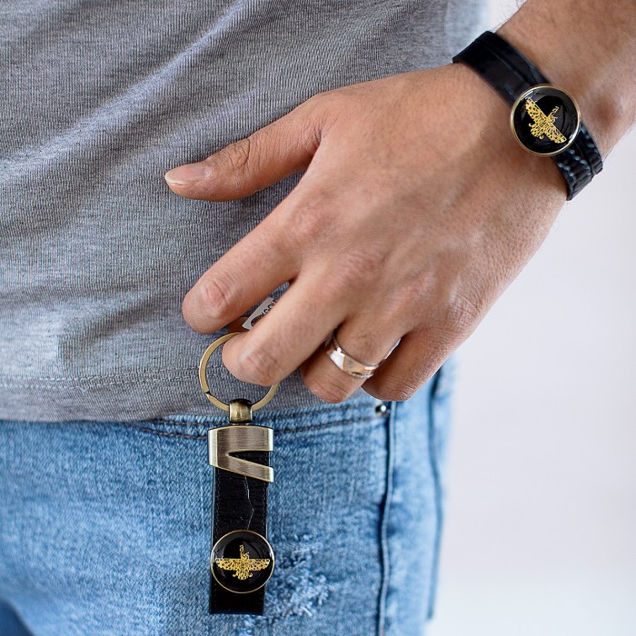 ست چرم کروکودیل روکش طلا طرح فروهر  (دستبند چرم ، جاکلیدی )